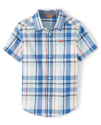 Globalway Toddler Boys Button Down Shirt Plaid Cotton Short Sleeve Tops Blue