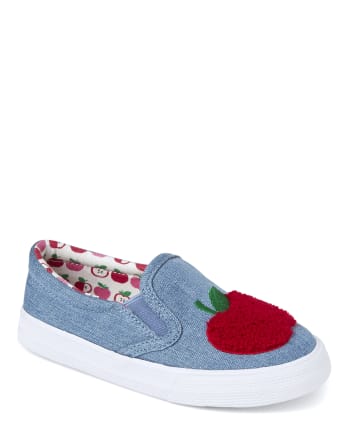 Girls Embroidered Denim Slip On Sneakers - Candy Apple