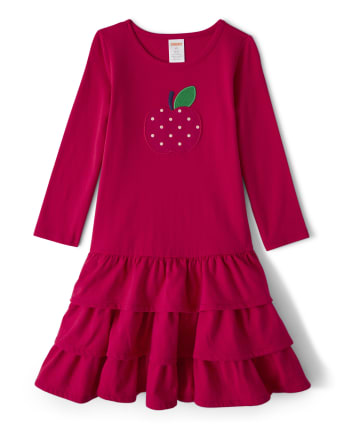 Girls Embroidered Tiered Dress - Candy Apple
