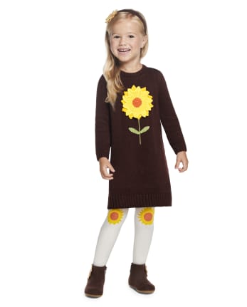Vestido tipo suéter de girasol con apliques de crochet para niñas - Cosecha