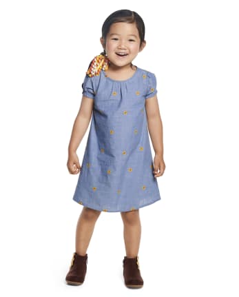 Girls Embroidered Sunflower Chambray Shift Dress - Harvest