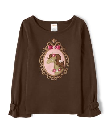 Girls Embroidered Horse Bow Top - Pony Club