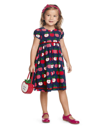 Girls Short Sleeve Apple Print Ponte Knit Dress Candy Apple Gymboree Milky Way