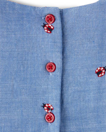Girls Short Sleeve Embroidered Ladybug Print Chambray Dropped Waist ...