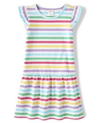 Girls Short Ruffle Sleeve Rainbow Striped Knit Dropped Waist