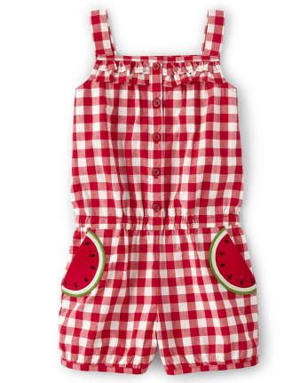 Girls Sleeveless Gingham And Watermelon Patch Poplin Romper Sweet Watermelon SIMPLYWHT Gymboree