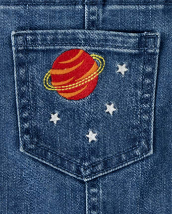 Girls Embroidered Space Denim Shortalls - Future Astronaut