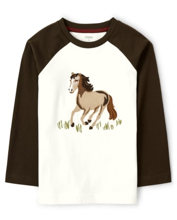 Camiseta Raglan de Caballo Bordado para Niños - Western Skies