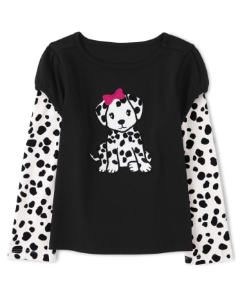 Girls Long Sleeve Embroidered Dalmatian Puppy 2 In 1 Top