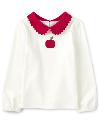 Girls Long Sleeve Embroidered Apple Peter Pan Top Teacher s