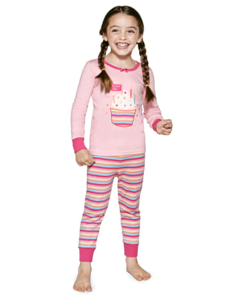 Girls Long Sleeve Birthday Cupcake Snug Fit Cotton 2-Piece Pajamas ...