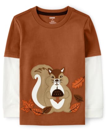 Boys Embroidered Squirrel Layered Top - Harvest