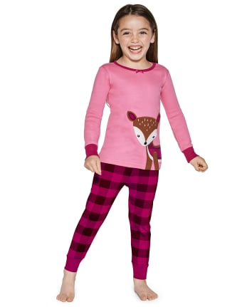 Girls Plaid Deer Cotton 2-Piece Pajamas - Gymmies