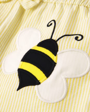 Mameluco de seersucker con abeja bordada para niñas - Busy Little Bee