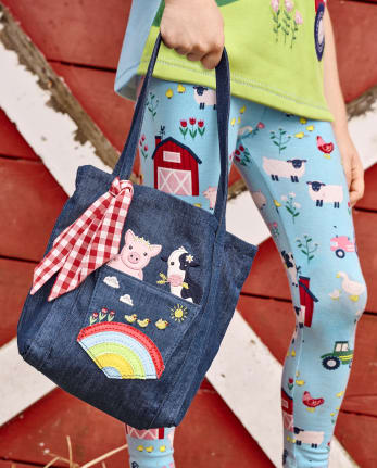 Girls Embroidered Tote Bag - Farming Friends