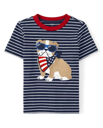 Boys Embroidered Dog Striped Top - American Cutie