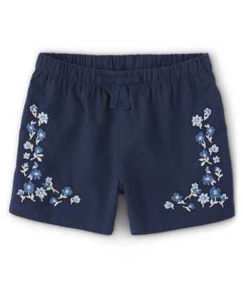 Girls Embroidered Floral Shorts - Blue Skies