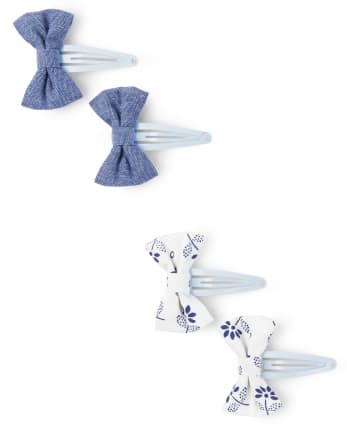 Girls Floral Bow Hair Clips - Blue Skies