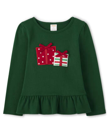 Girls Embroidered Present Peplum Top - Holiday Express