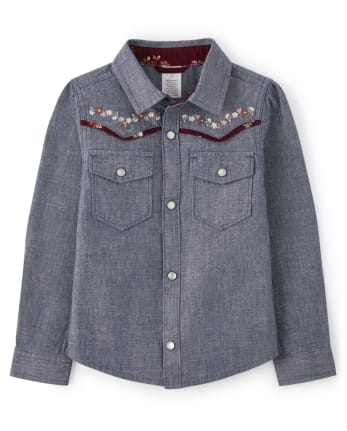 Girls Embroidered Flower Chambray Top - County Fair