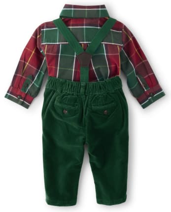 Baby Boys Matching Family Plaid Bodysuit And Velvet Dress Pants Set - Holiday Traditions