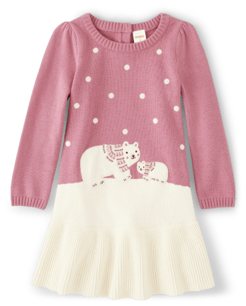 Girls Embroidered Polar Bear Sweater Dress - Bear Hugs