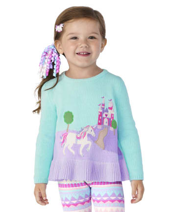 Girls Intarsia Unicorn Scene Peplum Sweater - Unicorn Princess