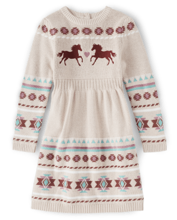 Girls Intarsia Horse Fairisle Sweater Dress - Little Rocky Mountain