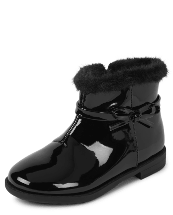 Girls Faux Patent Leather Bow Booties | Gymboree - BLACK