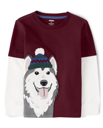 Boys Embroidered Husky Layered Top - Playful Pups