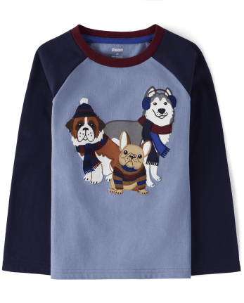 Boys Long Raglan Sleeve Embroidered Dog Fleece Zip-Up Hoodie