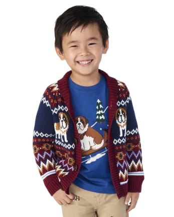 Cárdigan Fairisle con perro bordado para niños - Playful Pups