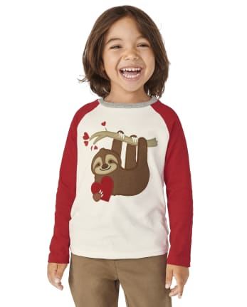 Boys Embroidered Sloth Raglan Top - Valentine Cutie