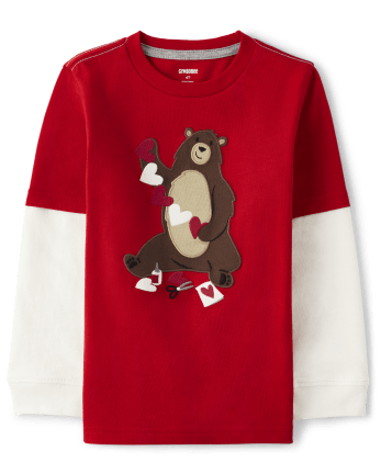 Boys Embroidered Bear Layered Top - Valentine Cutie