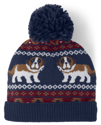 Boys Embroidered Dog Pom Pom Hat - Playful Pups