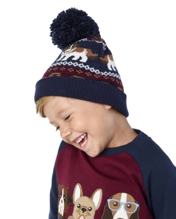 Boys Embroidered Dog Pom Pom Hat - Playful Pups