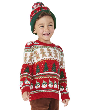 Boys Long Sleeve Intarsia Christmas Sweater - Gingerbread House