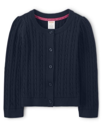 Girls Cable Knit Cardigan, Ruffle Polo with Stain Resistance And Pleated Jumper with Stain and Wrinkle Resistance Set - Uniform