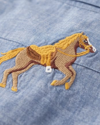 Boys Embroidered Horse Chambray Snap Front Shirt - Country Trail