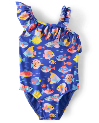 Girls Sleeveless Fish Print Ruffle One Piece Swimsuit Splish