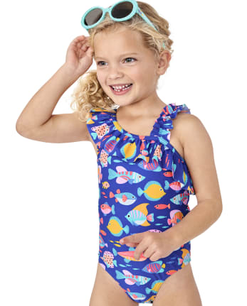 Girls Sleeveless Fish Print Ruffle One Piece Swimsuit - Splish-Splash ...