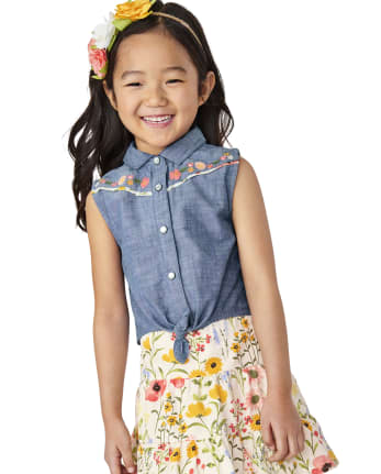 Girls Embroidered Floral  Chambray Tank Top - Country Trail