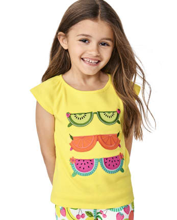 Girls Embroidered Sunglasses Flutter Top - Festive Fruit