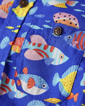 Boys Short Sleeve Fish Print Poplin Button Up Shirt - Splish