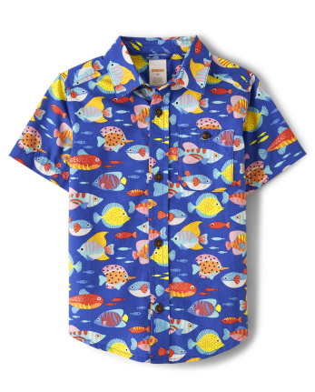 Boys Short Sleeve Fish Print Poplin Button Up Shirt - Splish