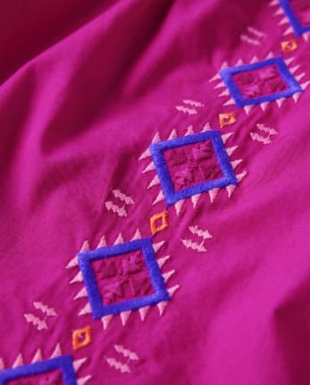 Girls Embroidered Shapes Tassel Dress - Island Spice