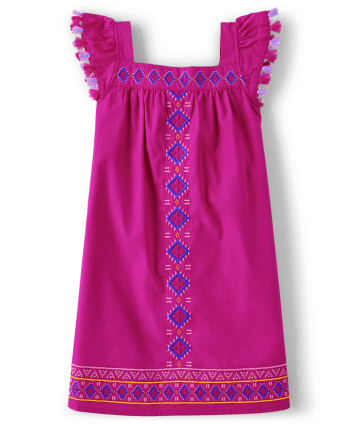 Girls Embroidered Shapes Tassel Dress - Island Spice