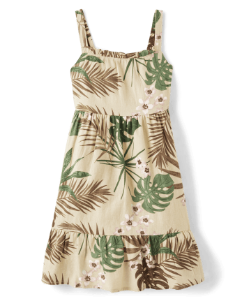 Girls Matching Family Palm Ruffle Dress - Safari
