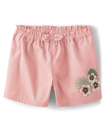 Girls Embroidered Tropical Floral Paper Bag Waist Shorts - Safari