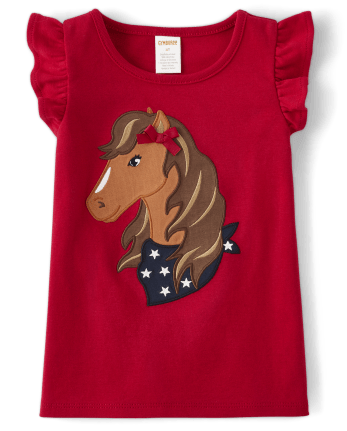 Camiseta sin mangas con aleteo de caballo bordado para niñas - American Cutie